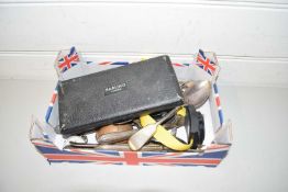 BOX OF VARIOUS ASSORTED CUTLERY, CASED DRAWING INSTRUMENTS, COMPASS AND OTHER ITEMS