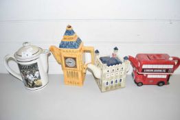 THREE VARIOUS NOVELTY LONDON THEMED TEAPOTS AND ONE OTHER
