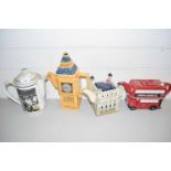 THREE VARIOUS NOVELTY LONDON THEMED TEAPOTS AND ONE OTHER
