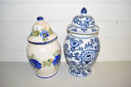 MODERN BLUE AND WHITE COVERED JAR AND ONE OTHER (2)