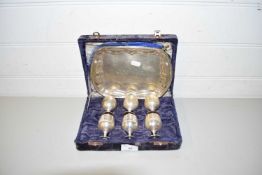 SMALL SILVER PLATED GOBLETS AND ACCOMPANYING TRAY