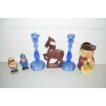 MIXED LOT: BLUE GLASS CANDLESTICKS, NOVELTY CRUET, TOBY JUG ETC