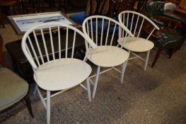 SET OF THREE MID-CENTURY BOW AND STICK BACK CHAIRS, LATER WHITE PAINTED, POSSIBLY ERCOL