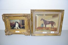 FRAMED STUDY OF A RACEHORSE IN STABLE TOGETHER WITH A REPRODUCTION OIL ON BOARD OF A KITTEN BOTH