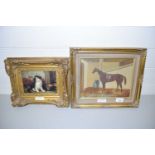 FRAMED STUDY OF A RACEHORSE IN STABLE TOGETHER WITH A REPRODUCTION OIL ON BOARD OF A KITTEN BOTH