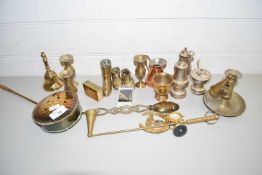 MIXED LOT: VARIOUS BRASS ORNAMENTS, SILVER PLATED CRUET ETC