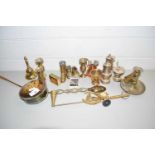 MIXED LOT: VARIOUS BRASS ORNAMENTS, SILVER PLATED CRUET ETC