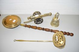 MIXED LOT: BRASS MODEL CANON, CHESTNUT ROASTER AND A BED WARMING PAN
