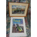 FRAMED PUNCH FRONT COVER TOGETHER WITH AN OLEOGRAPH OF VINTAGE RACING CARS (2)