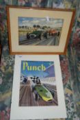 FRAMED PUNCH FRONT COVER TOGETHER WITH AN OLEOGRAPH OF VINTAGE RACING CARS (2)