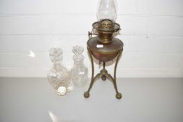 MIXED LOT: COPPER OIL LAMP WITH STAND TOGETHER WITH TWO CUT GLASS DECANTERS