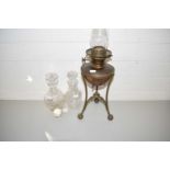 MIXED LOT: COPPER OIL LAMP WITH STAND TOGETHER WITH TWO CUT GLASS DECANTERS