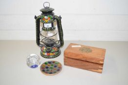 PAINTED STORM LANTERN, A HARDWOOD BOX, PAPERWEIGHT AND A SMALL DISH (4)