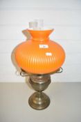 OIL LAMP WITH ORANGE GLASS SHADE