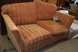 MODERN STIPED UPHOLSTERED TWO SEATER SOFA ON TURNED WOODEN LEGS