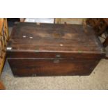 19TH CENTURY CAMPHOR WOOD AND BRASS BOUND TRUNK, HINGES BROKEN AND OVERALL VERY WORN CONDITION,