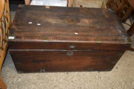 19TH CENTURY CAMPHOR WOOD AND BRASS BOUND TRUNK, HINGES BROKEN AND OVERALL VERY WORN CONDITION,
