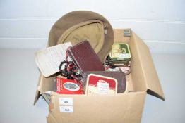 BOX OF VARIOUS MIXED ITEMS INCLUDING MILITARY BERET, ASSORTED TINS ETC