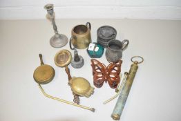 MIXED LOT: VARIOUS ITEMS CANDLESTICK, VINTAGE PUMP, PLASTIC LETTER STAND AND OTHER ASSORTED ITEMS