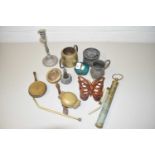 MIXED LOT: VARIOUS ITEMS CANDLESTICK, VINTAGE PUMP, PLASTIC LETTER STAND AND OTHER ASSORTED ITEMS