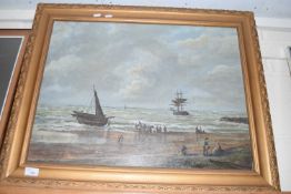 LATE 19TH/EARLY 20TH CENTURY SCHOOL STUDY OF FIGURES ON A BEACH WITH SHIPS IN THE DISTANCE, OIL ON