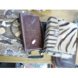 MIXED LOT: VINTAGE HANDBAGS AND PURSES TO INCLUDE SNAKE SKIN EXAMPLE, FUR COVERED EXAMPLE AND