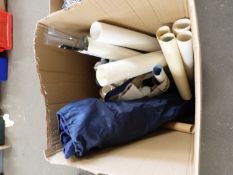 BOX OF VARIOUS ROLLED PRINTS, MAPS, A FOLDING CAMPING CHAIR ETC