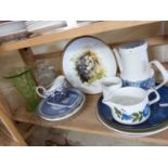 MIXED LOT: WEDGWOOD JASPER WARE, PLATE, VARIOUS TEA WARES, DECANTER AND OTHER ITEMS