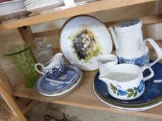 MIXED LOT: WEDGWOOD JASPER WARE, PLATE, VARIOUS TEA WARES, DECANTER AND OTHER ITEMS