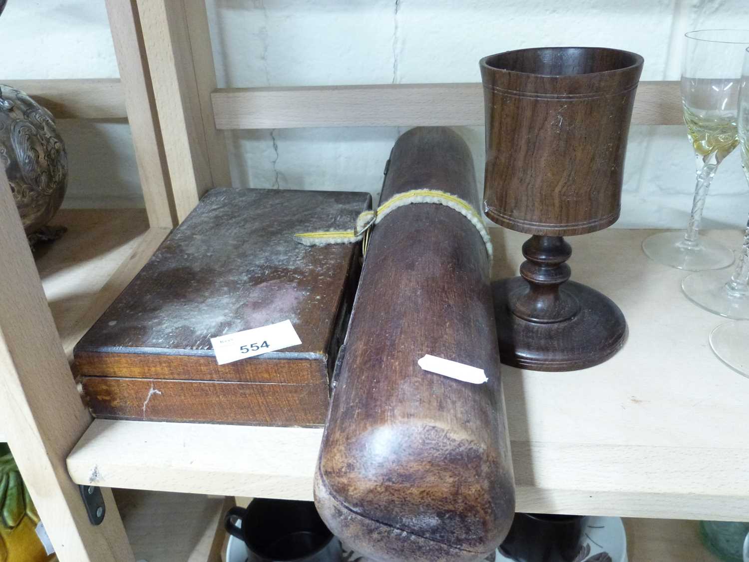 MIXED LOT: TURNED WOODEN GOBLET, HARDWOOD CASE OF STONES AND A SMALL BOX OF VARIOUS PAINT