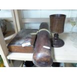 MIXED LOT: TURNED WOODEN GOBLET, HARDWOOD CASE OF STONES AND A SMALL BOX OF VARIOUS PAINT