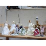 COLLECTION OF VARIOUS ROYAL DOULTON FIGURINES TOGETHER WITH A GILT DECORATED TABLE LAMP (9)