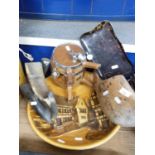 MIXED LOT: SMALL SPIRIT BARREL, DRESSING TABLE ITEMS, CLOG, PLASTERWORK WALL PLATE, HORN ASHTRAY