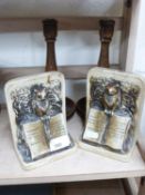 PAIR OF TURNED WOODEN CANDLESTICKS AND A PAIR OF OWL DECORATED BOOKENDS