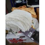 BOX OF CURTAINS, TIE BACKS AND OTHER ITEMS