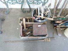 TWO BOXES AND A BUCKET OF VARIOUS ASSORTED TOOLS PLUS A LARGE METAL WOODWORKING CRAMP