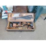 WOODEN TOOL BOX AND VARIOUS CONTENTS