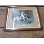VICTORIAN CHROMOLITHOGRAPH PRINT OF TWO PUGS AND BULLFINCH, FRAMED AND GLAZED