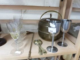MIXED LOT: BRASS TOBACCO JAR, VARIOUS DRINKING GLASSES AND OTHER ITEMS