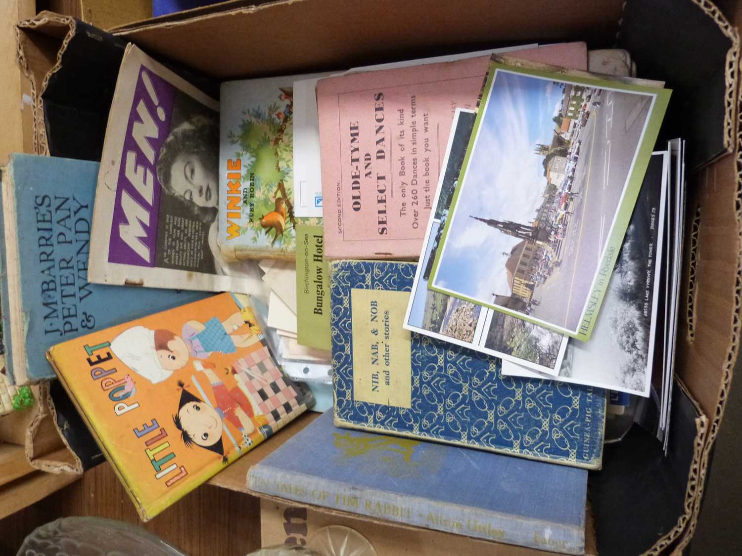 BOX OF VARIOUS ASSORTED BOOKS, EPHEMERA, POSTS CARDS ETC