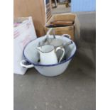 WHITE ENAMEL DOUBLE HANDLED BOWL TOGETHER WITH AN ENAMEL JUG AND SMALL GALVANISED WATERING CAN