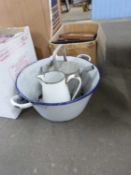 WHITE ENAMEL DOUBLE HANDLED BOWL TOGETHER WITH AN ENAMEL JUG AND SMALL GALVANISED WATERING CAN