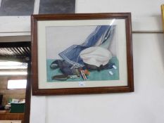 MIXED LOT: STILL LIFE STUDY NAVAL CAP AND OTHER ASSORTED ITEMS TOGETHER WITH A COLOURED PRINT,