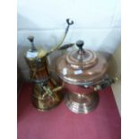 COPPER TEA URN TOGETHER WITH A BRASS CARBIDE LANTERN