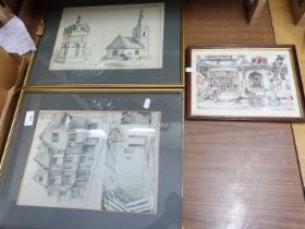 MIXED LOT: COLOURED PRINT AFTER ANTON PIECK TOGETHER WITH TWO FURTHER ARCHITECTURAL DRAWINGS, FRAMED