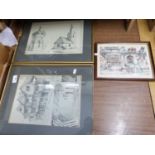 MIXED LOT: COLOURED PRINT AFTER ANTON PIECK TOGETHER WITH TWO FURTHER ARCHITECTURAL DRAWINGS, FRAMED