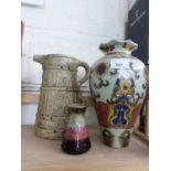 MIXED LOT: TWO DECORATED VASES AND A POTTERY JUG (3)