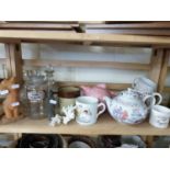 MIXED LOT: DECANTERS, COMMEMORATIVE MUGS, TEAPOTS ETC