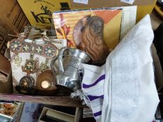 VARIOUS RELIGIOUS ITEMS TO INCLUDE ENAMEL AND BRASS WALL HANGING, A JEWISH PRAYER SHAWL AND CUP