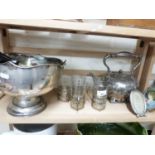MIXED LOT: SILVER PLATED PEDESTAL BOWL, KETTLE, VARIOUS CUTLERY AND OTHER ITEMS